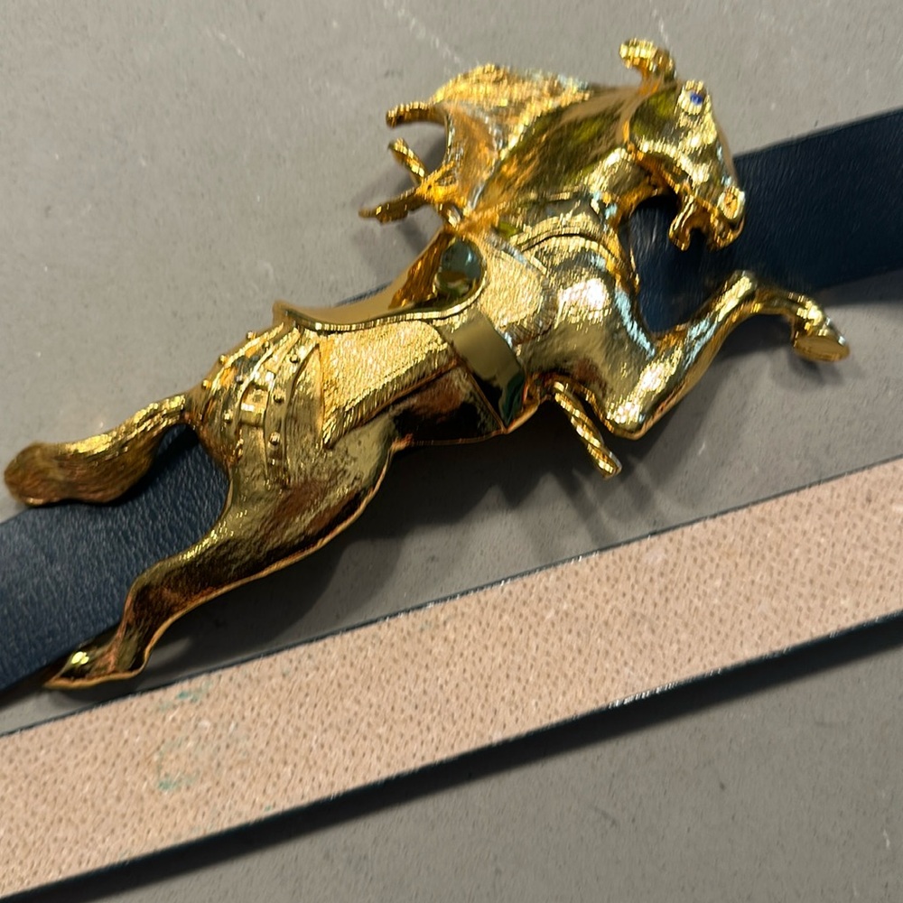 Christopher Ross 1989 gold plated carousel horse belt buckle RARE blue leather